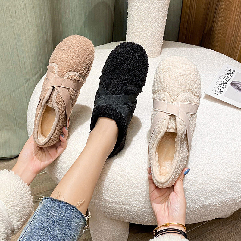 毛毛鞋网红豆豆鞋平底交叉带冬一脚蹬女冬外穿加绒棉鞋橡胶鞋底,女鞋,棉鞋,淘宝优惠券,粉丝福利购,淘宝优惠卷