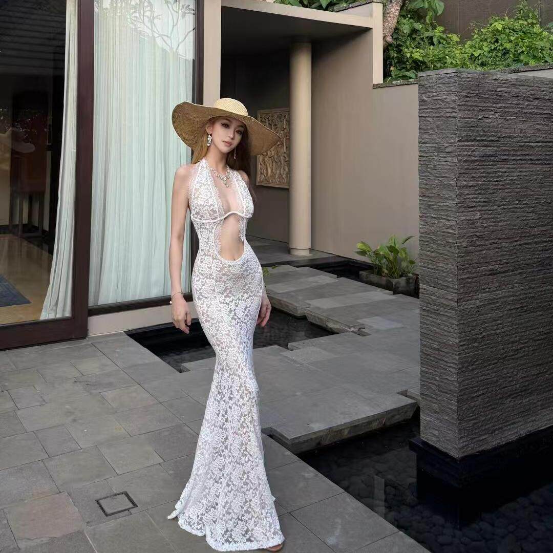 热辣欧美性感网纱深V领海边度假连衣裙白色蕾丝镂空透视裙沙滩裙