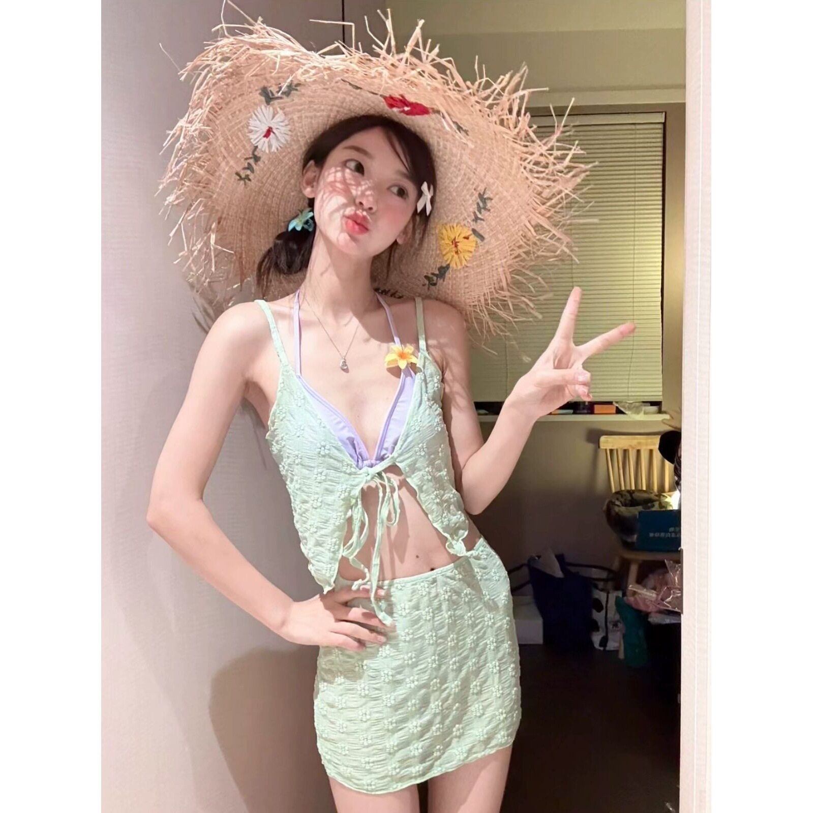 法式少女蕾丝比基尼四件套罩衫短裙分体泳衣女撞色小清新甜美学生