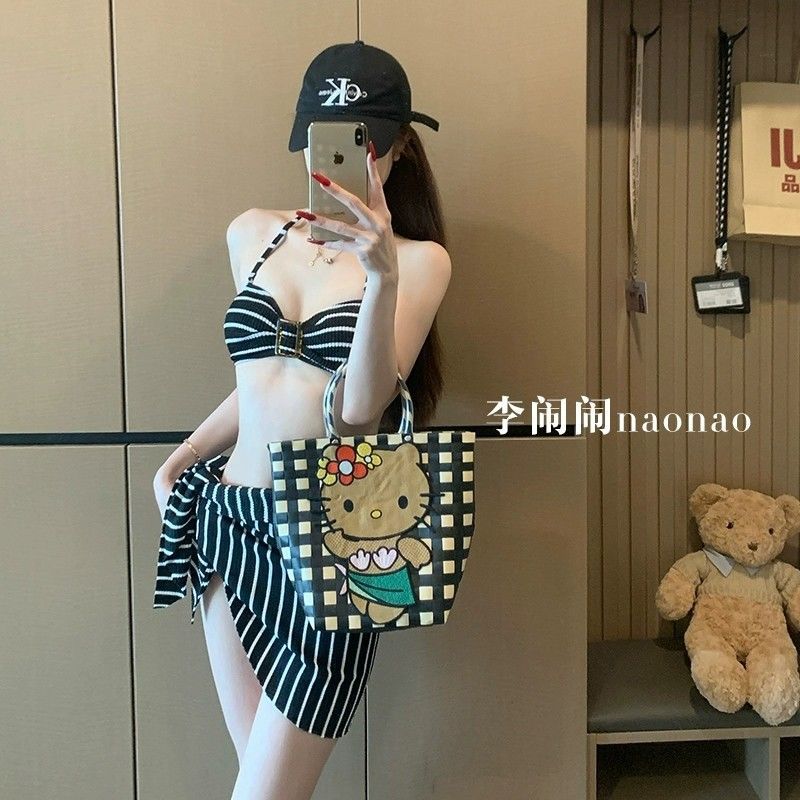 李闹闹-豆得儿同款条纹比基尼三件套2025新款高级泳衣女温泉度假