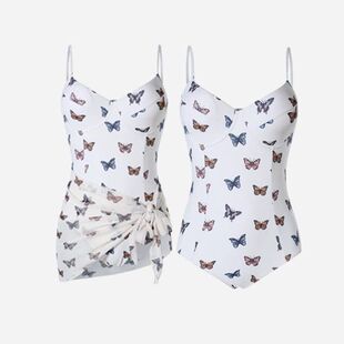 纯欲风夏季高级感可爱少女蝴蝶印花简约修身显瘦连体泳装女泡温泉
