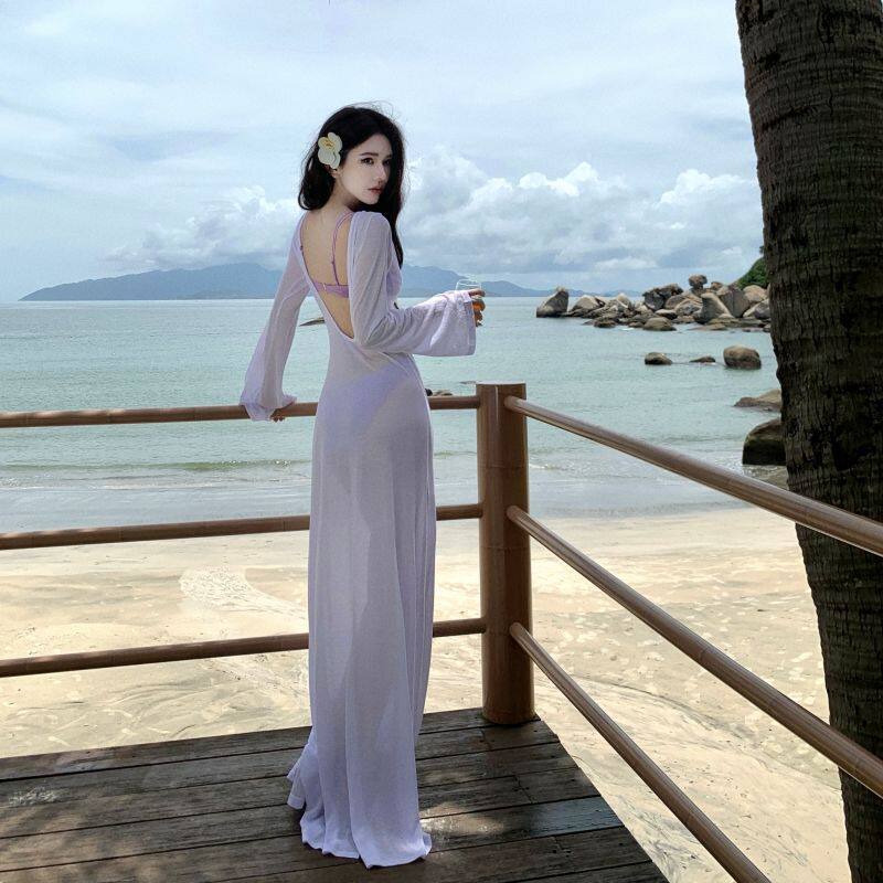 三亚马尔代夫度假穿搭辣妹海边比基尼搭配长袖露背透视度假罩衫裙