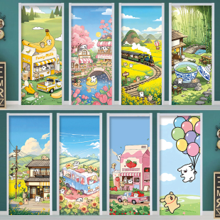 定制卡通线条狗门贴纸木门翻新自粘整张 衣柜推拉门防水创意贴画