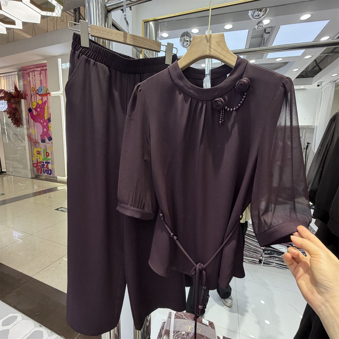 正品酒红色知性淑女风圆领收腰显瘦七分袖上衣阔腿裤两件套装女装