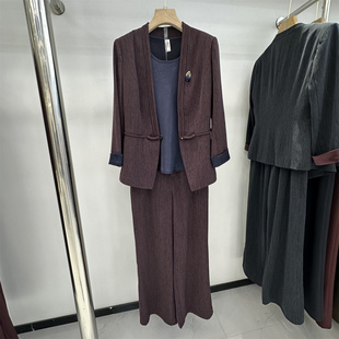 2025春秋季新款女装时尚套装紫色长袖西装外套裤子三件套春秋装