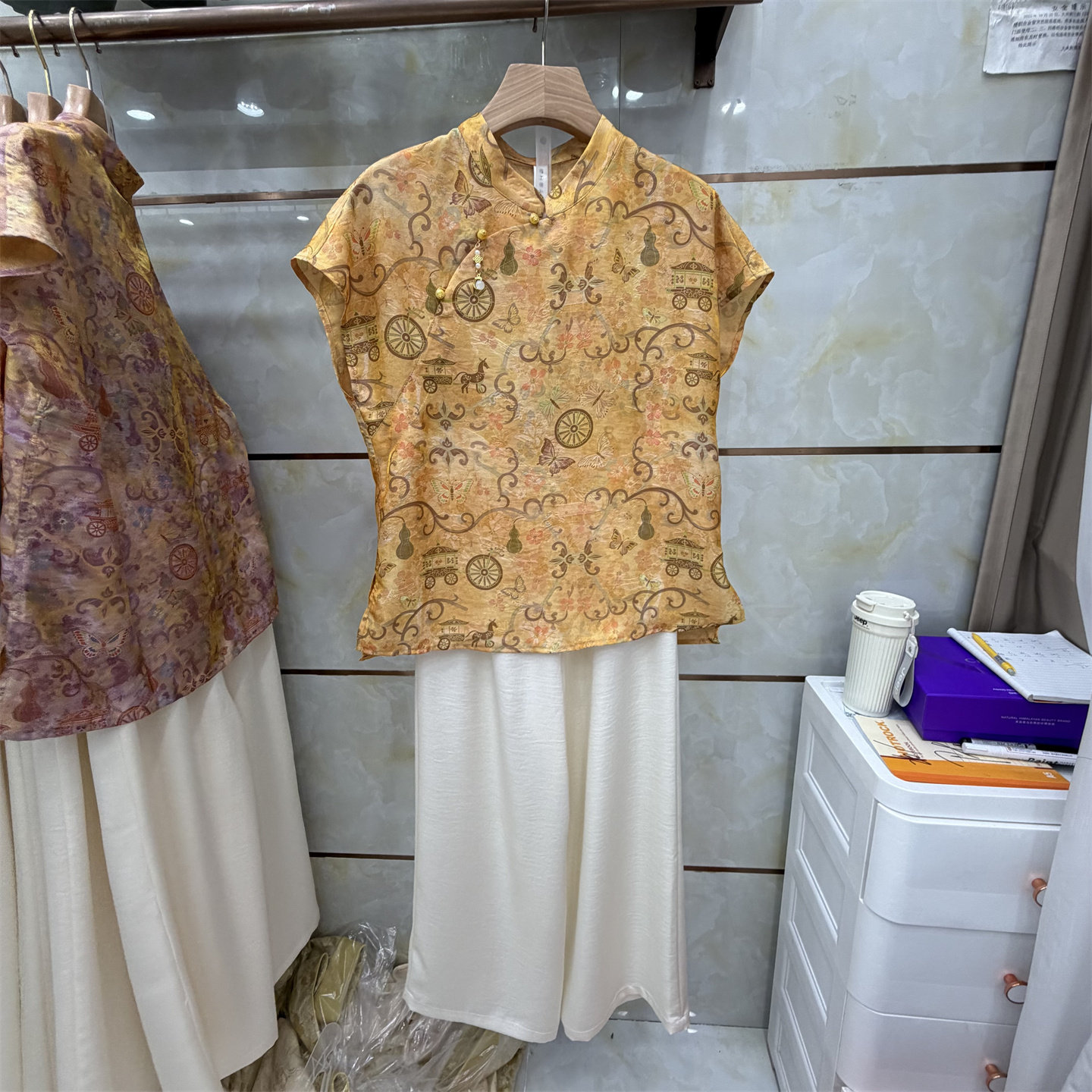 新中式印花短袖衬衫两件套女夏季洋气高贵中老年妈妈装套装