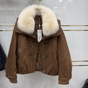 设计感加厚狐狸毛领麂皮绒短外套女冬装 保暖皮草派克服棕色