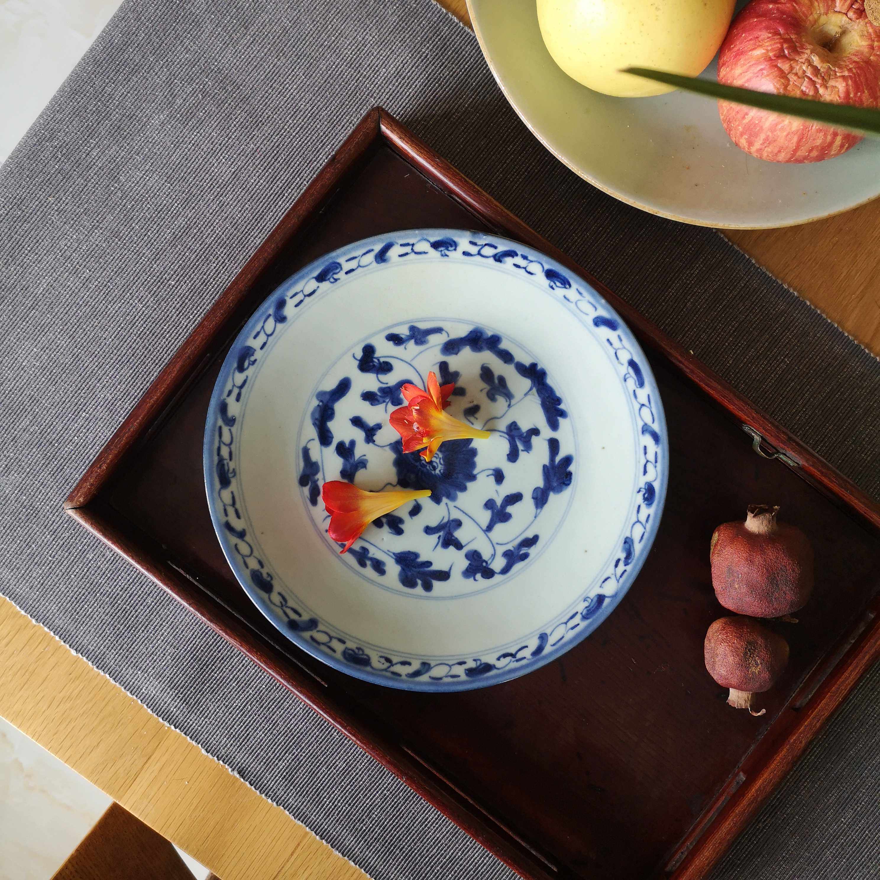 清代江南青花茶果盘壶承老物件古董瓷器艺术案头收纳摆件