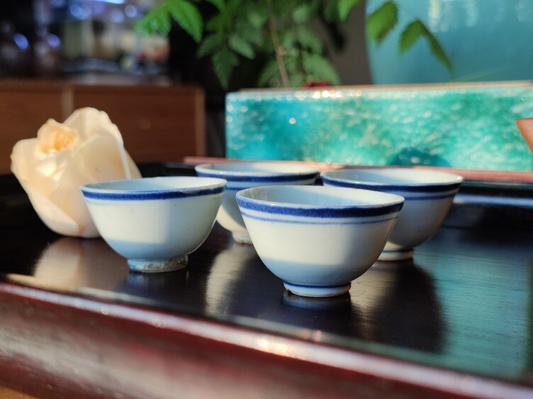 民国江南青花双圈茶杯喝茶老物件古董瓷器茶室案头摆件四只