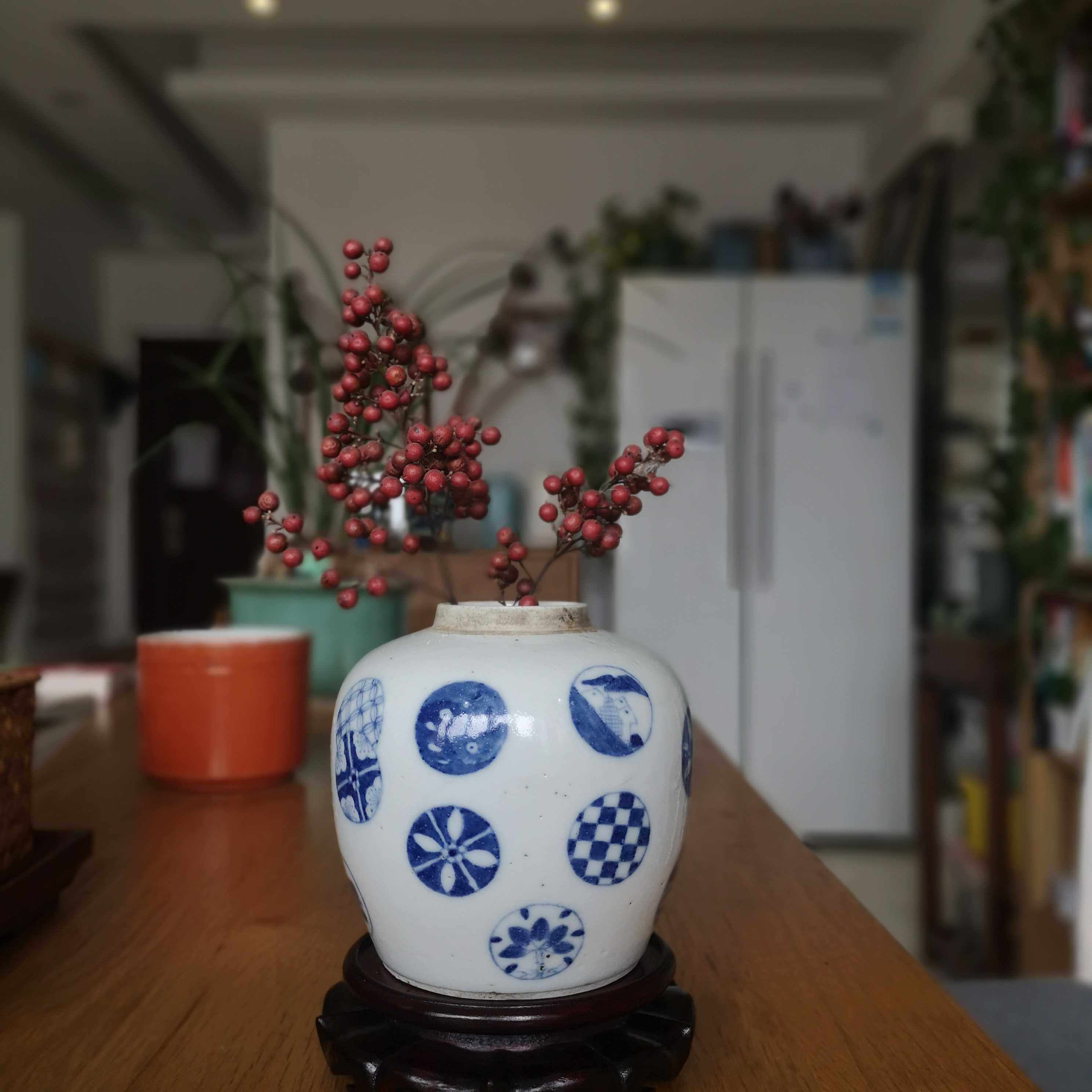 清代青花团花茶叶罐花器皮球花老物件古董瓷器艺术案头收藏摆件