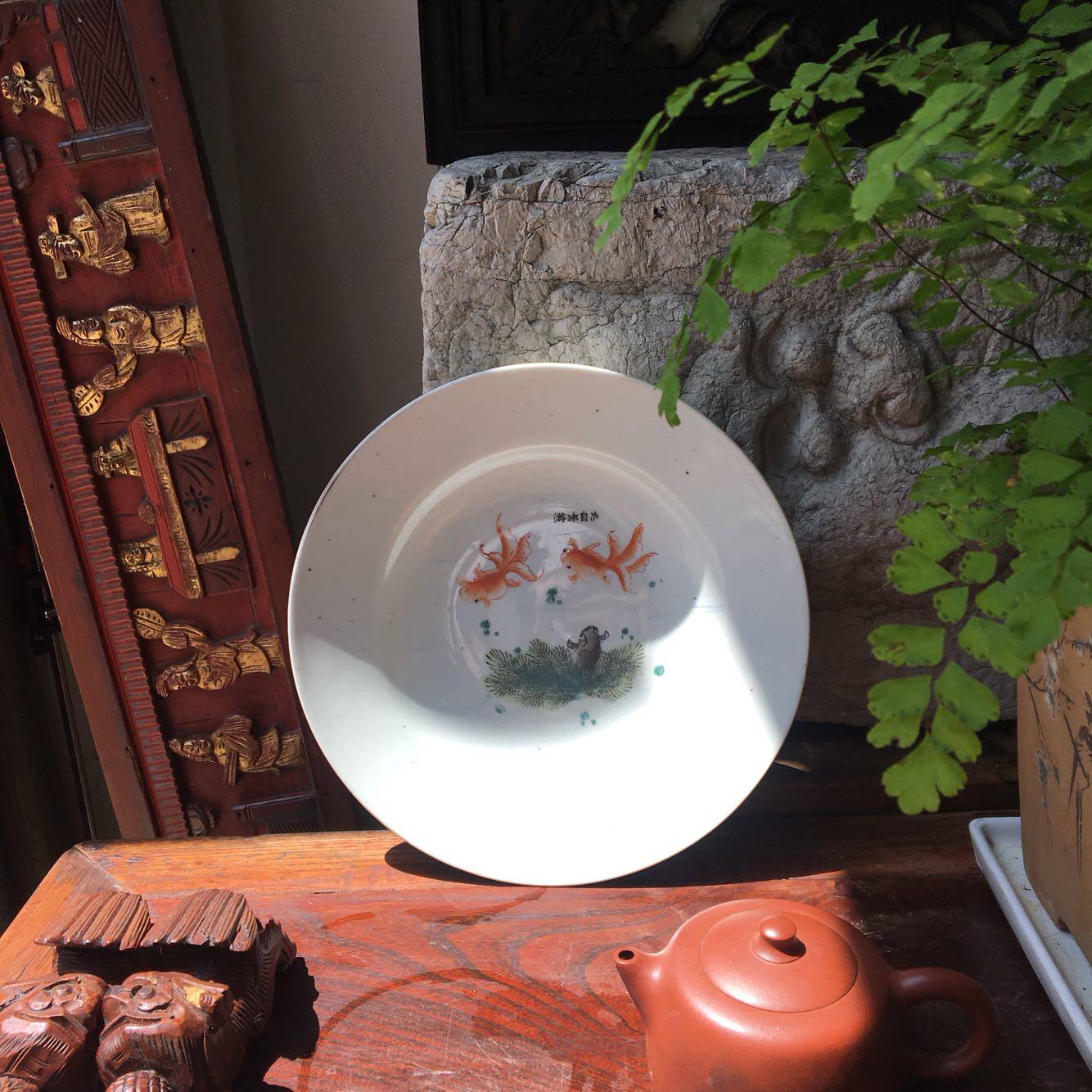 50年代粉彩手绘盘子瓷器果盘老物件古董瓷器新中式摆件8016