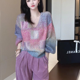 彩虹色扎染毛针织衫女2025秋冬季时尚V领宽松设计感撞色长袖毛衣