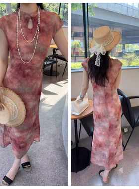 新中式国风复古立领印花连衣裙女夏季高级感气质收腰显瘦旗袍裙子