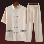 老年人衣服爸爸夏季 唐装 中国风男装 套装 汉服 男中老年休闲棉麻短袖