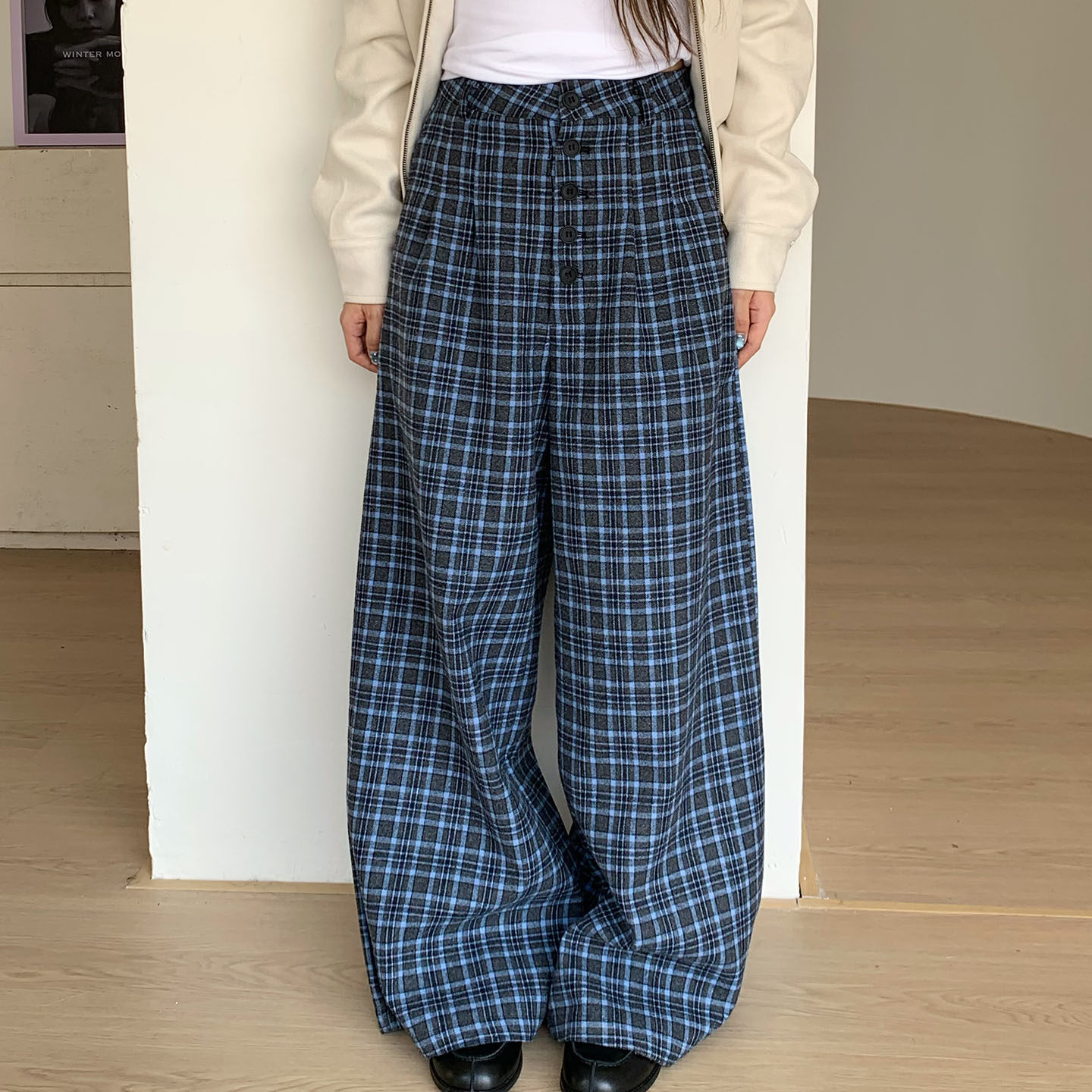 JZSZNR复古格子毛呢休闲裤女秋季垂感显瘦拖地裤80元