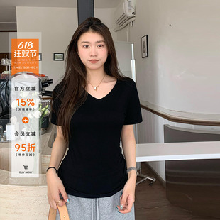 橘子树在哪儿辣妹正肩v领短袖t恤女夏季纯欲微透显瘦修身百搭上衣