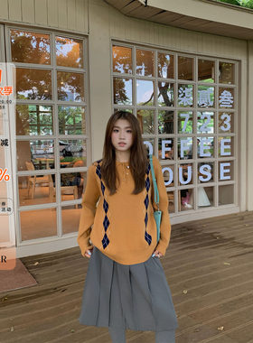 OTee学院风菱格翻领针织衫女秋季