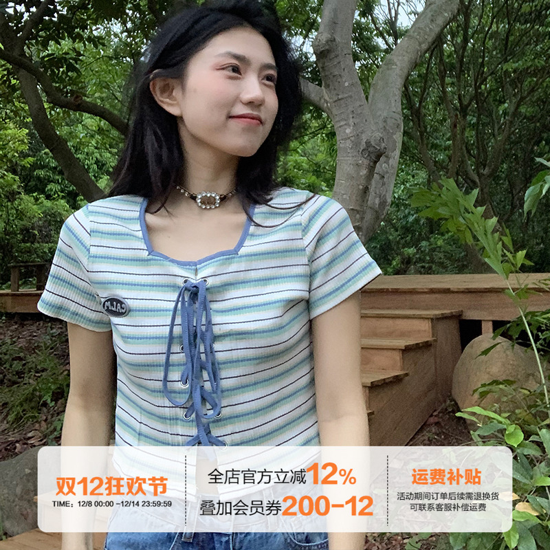 短款条纹上衣女夏季短袖