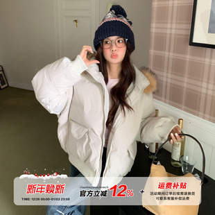 橘子树在哪儿白色大毛领连帽派克外套女冬季 加厚保暖宽松棉衣棉服