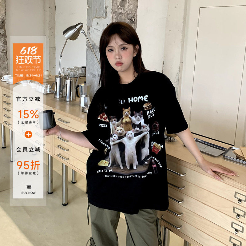 橘子树在哪儿美式复古猫猫印花短袖t恤女夏季宽松纯棉情侣装体恤