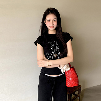 橘子树在哪儿黑色正肩短袖t恤女