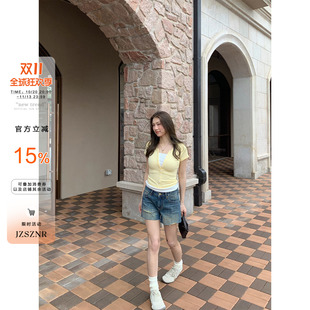 橘子树在哪儿复古蓝色竹节牛仔短裤女夏毛边休闲宽松直筒a字热裤