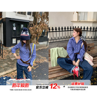 橘子树在哪儿复古蓝色格子长袖 女秋纯棉防晒衬衣外穿显瘦上衣 衬衫