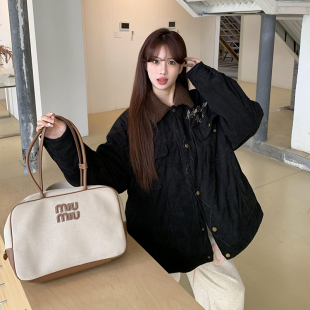 设计感宽松保暖休闲上衣 橘子树在哪儿复古毛领灯芯绒棉服女秋冬季