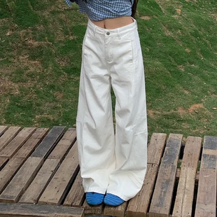 橘子樹(shù)在哪兒復(fù)古白色拼接牛仔褲 小眾設(shè)計(jì)感直筒垂感闊腿褲 女春季