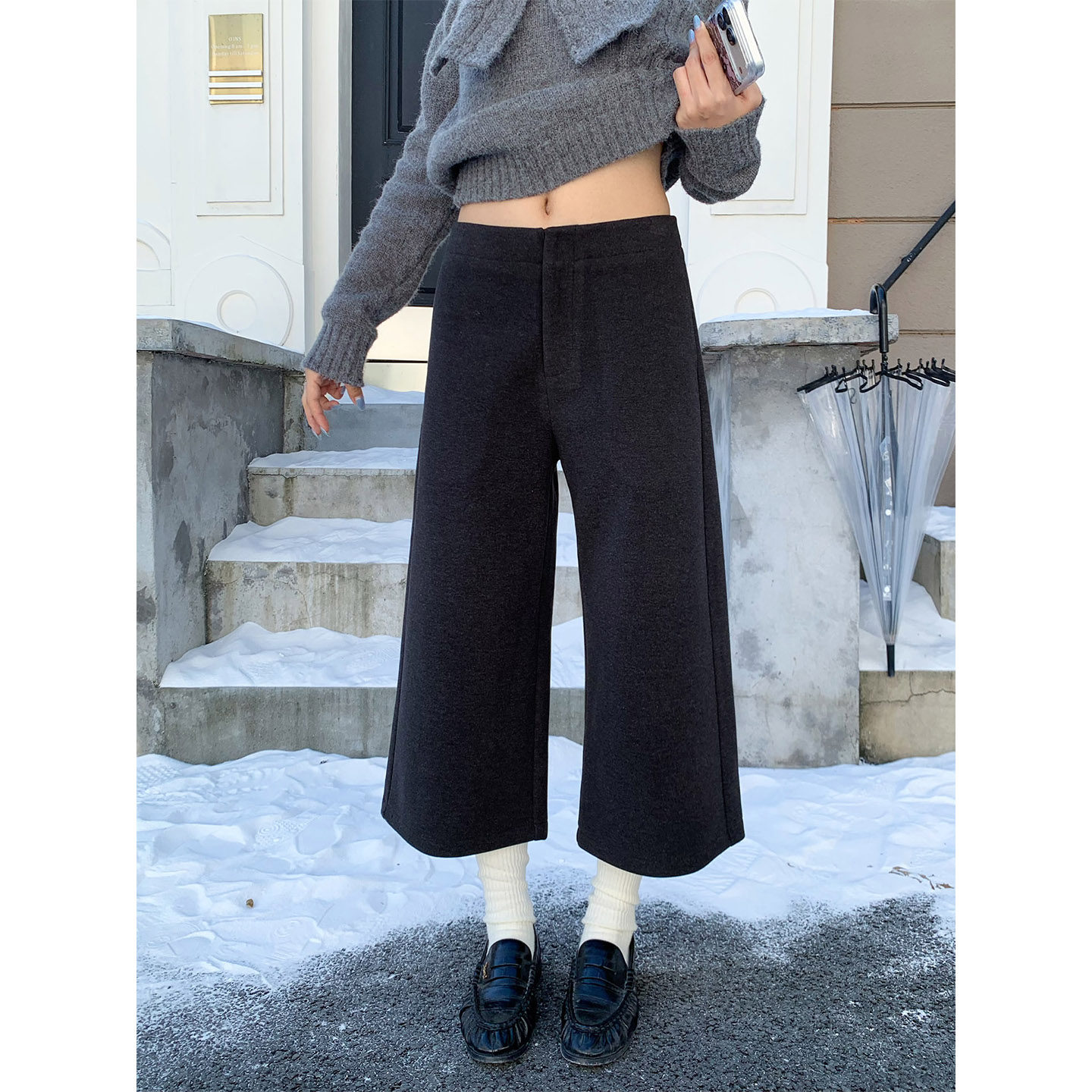 橘子树在哪儿复古毛呢八分休闲裤女秋冬遮肉阔腿直筒显瘦百搭中裤