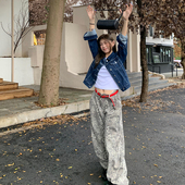 松弛感休闲宽松百搭弯刀裤 女秋季 复古豹纹牛仔裤 橘子树在哪儿美式