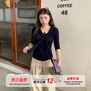 t恤女秋设计感纯欲上衣 橘子树在哪儿韩系绑带披肩长袖 限时价