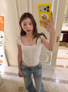 橘子树在哪儿韩系白色方领短袖衬衫女夏纯棉收腰显瘦气质小衫上衣