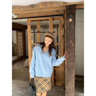 橘子树在哪儿韩系v领四色针织衫女秋冬软糯慵懒宽松显瘦气质毛衣
