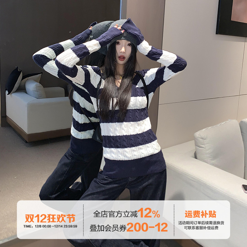 橘子树在哪儿蓝白条纹V领毛衣女