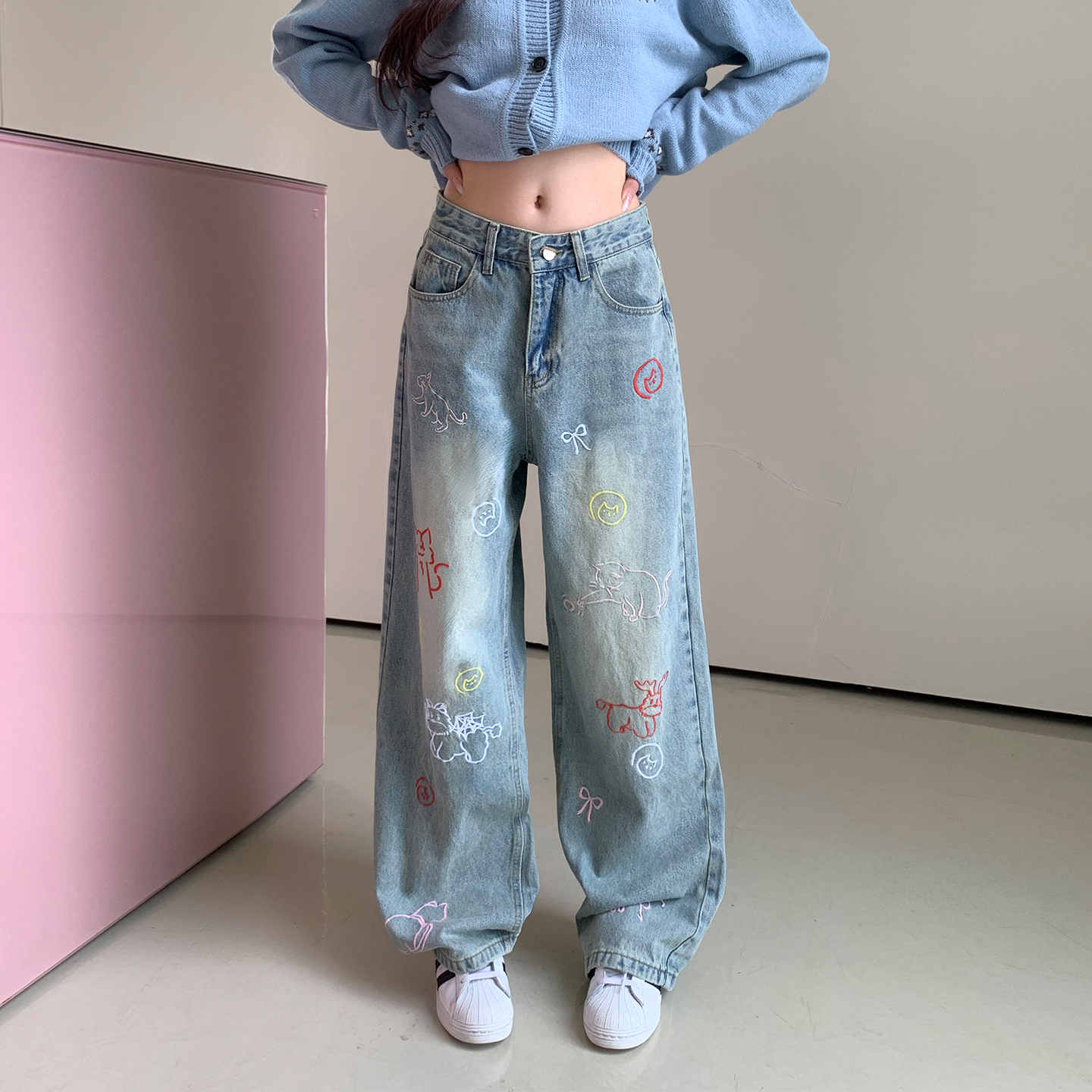 橘子树在哪儿美式印花阔腿牛仔裤