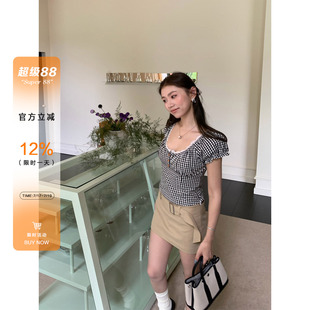 橘子树在哪儿韩系蕾丝拼接格子短袖衬衫女夏收腰小衫显瘦气质上衣