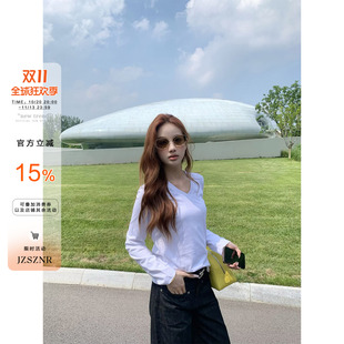 橘子树在哪儿韩系v领竹节棉长袖t恤女秋季简约修身显瘦内搭打底衫