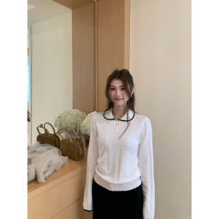 OTee韩系撞色娃娃领针织衫女秋季学院风设计感甜美显瘦软糯毛衣