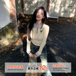 显瘦短款 设计感修身 上衣 女秋季 橘子树在哪儿撞色polo领刺绣针织衫