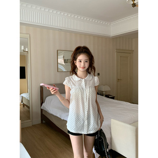 橘子树在哪儿韩系娃娃领波点短袖衬衫女夏纯棉温柔风显瘦百搭上衣