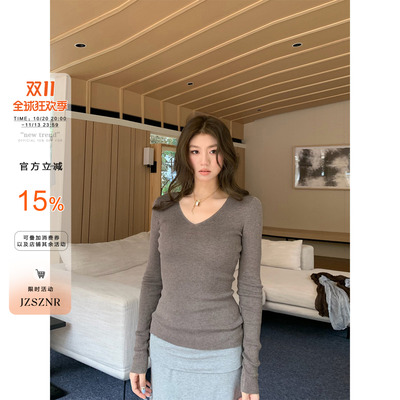 OTee韩系基础V领针织衫女秋季