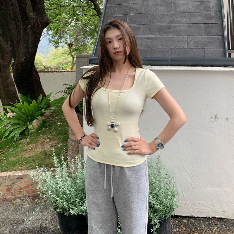 橘子树在哪儿韩系方圆领短袖t恤女夏季纯色收腰显瘦正肩百搭上衣 - 实物图