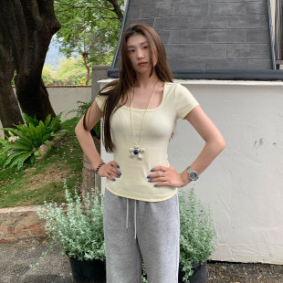 t恤女春夏纯色收腰显瘦正肩百搭上衣 橘子树在哪儿韩系方圆领短袖