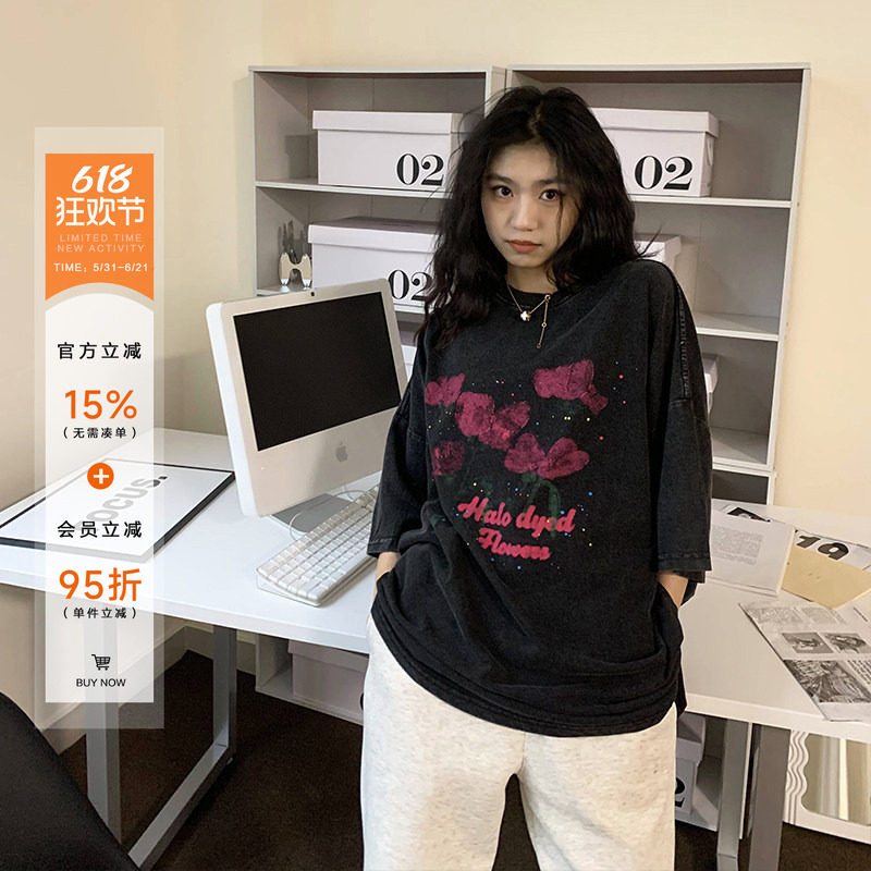 橘子树在哪儿美式复古玫瑰印花短袖T恤女夏季宽松设计感半袖体恤