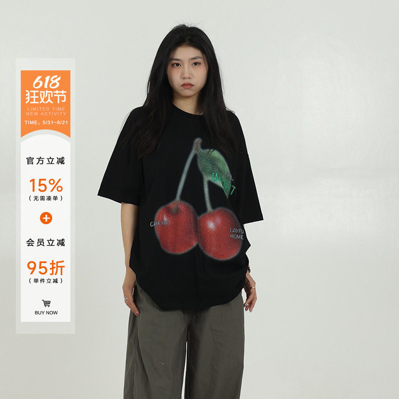 橘子树在哪儿简约樱桃印花短袖T恤女夏季港味chic宽松半袖体恤潮