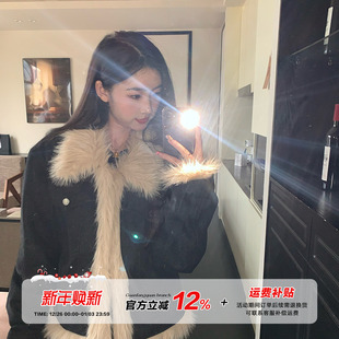 橘子树在哪儿复古拼接毛毛夹棉牛仔外套女秋冬高级感短款 气质上衣