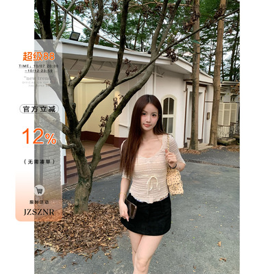OTee纯欲风蕾丝拼接V领中袖t恤女