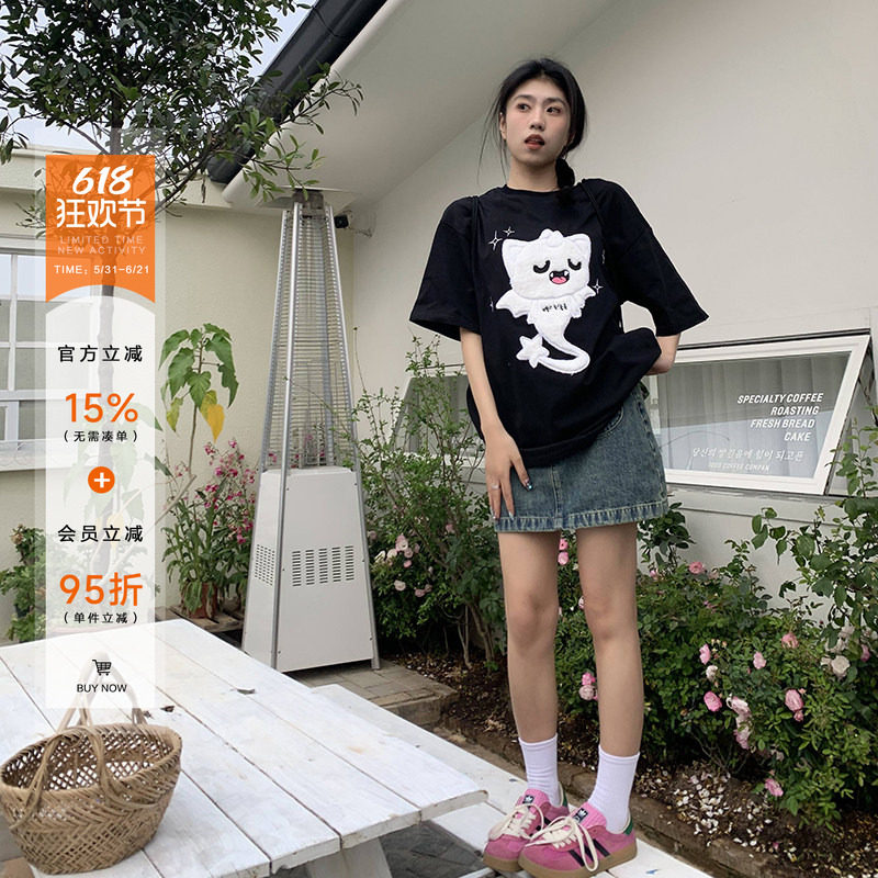 橘子树在哪儿可爱小恶魔磨绒短袖T恤女夏卡通趣味宽松ins小众上衣