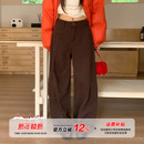 橘子树在哪儿复古棕色拼接牛仔裤 女秋冬设计感直筒显瘦垂感阔腿裤
